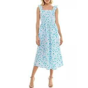 Draper‎ James Ruffle Sleeve Floral Midi Dress Women Size XL White Blue Pullover